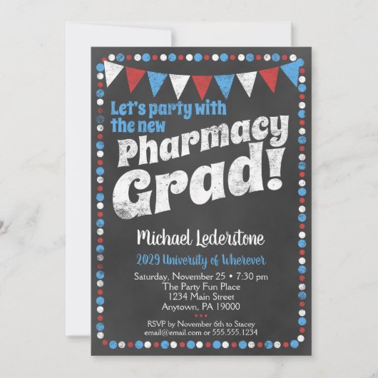 Pharmacy Graduation Party Einladung Red Blue (Vorderseite)