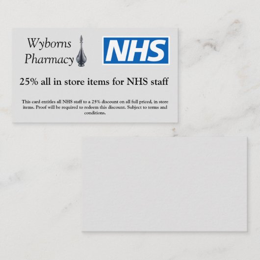 Pharmacy NHS Discount Card Rabattkarte (Vorne/Hinten)