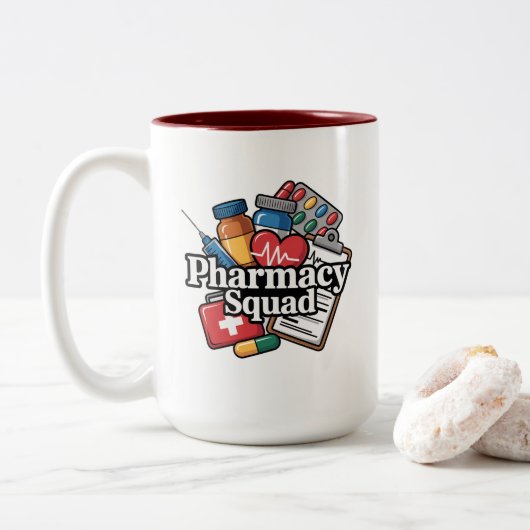 'Pharmacy Squad'. Zweifarbige Tasse (Mit Donut)