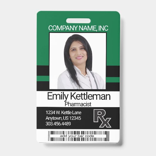 Pharmacy Technician Foto Abzeichen - grün und schw Ausweis (Vorderseite)