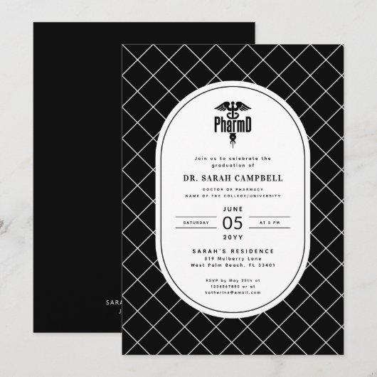 PharmD Doktor der Pharmazie Abschluss Karo Muster Einladung (Vorne/Hinten)