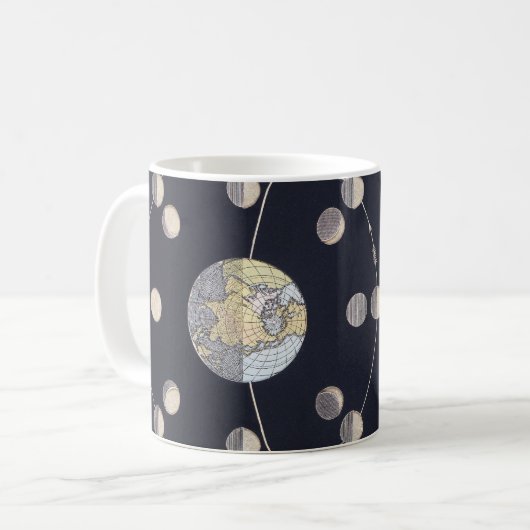 Phasen des Mondes mit Erde und Sonne, Vintage Astr Kaffeetasse (Vorderseite Links)