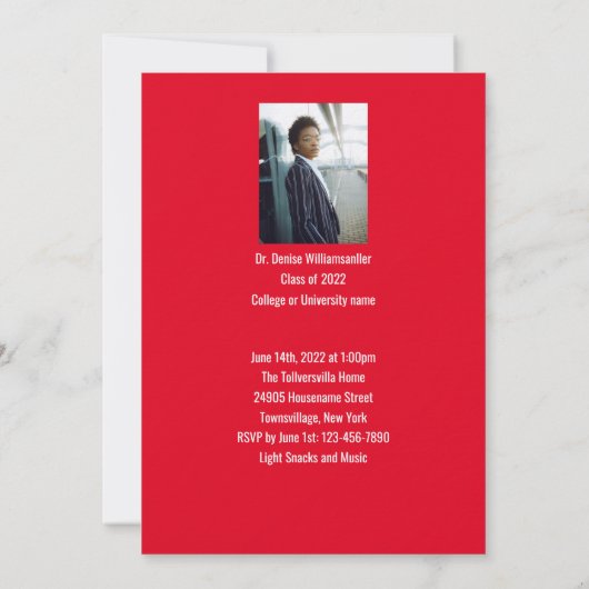 PhD-Abschluss für Minimalistisches rotes Foto Einladung (Rückseite)
