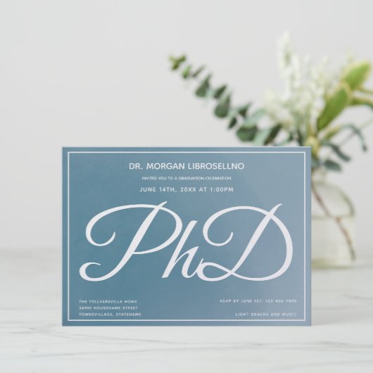 PhD Blue Graduation Party Einladung (Stehend Vorderseite)