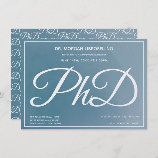 PhD Blue Graduation Party Einladung (Vorne/Hinten)