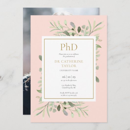 Phd Degree Blush Pink Greenerity Foto Abschluss Einladung (Vorne/Hinten)
