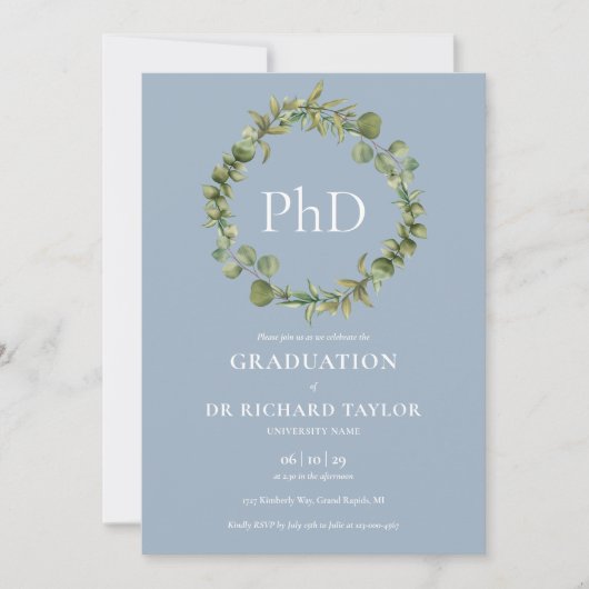 PhD Degree Dusty Blue Garland Abschluss Einladung (Vorderseite)