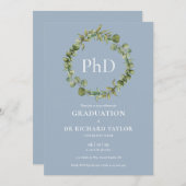 PhD Degree Dusty Blue Garland Abschluss Einladung (Vorne/Hinten)
