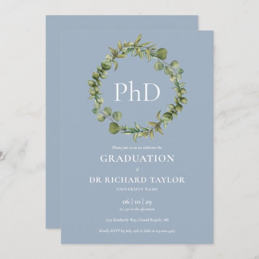 PhD Degree Dusty Blue Garland Abschluss Einladung (Vorne/Hinten)