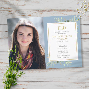 PhD Degree Dusty Blue Greenery Abschluss Foto Einladung