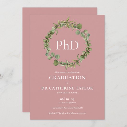 PhD Degree Dusty Rose Garland Abschluss Einladung (Vorne/Hinten)