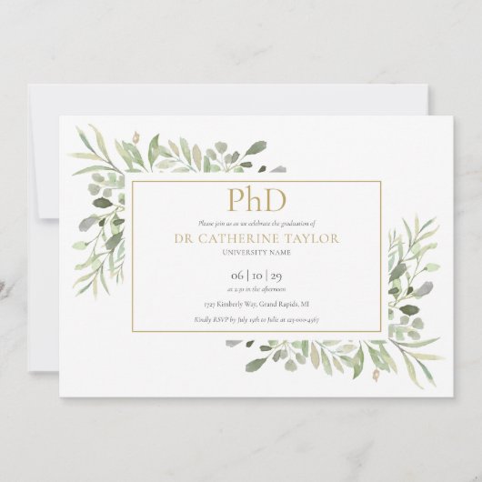 Phd Degree Greenerity Foliage Gold Abschluss Einladung (Vorderseite)