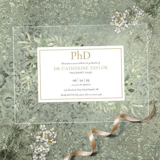 Phd Degree Greenery Floral Gold Abschluss Acryleinladungen