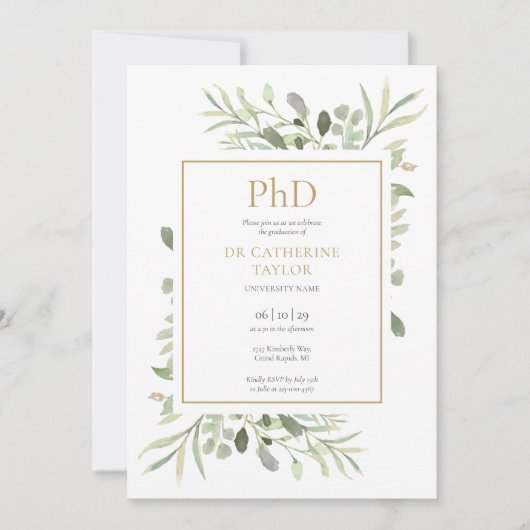 Phd Degree Watercolor Greenerity Gold Abschluss Einladung (Vorderseite)
