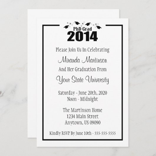 PhD Grad 2014 Abschluss Einladung (Schwarze Karten (Vorne/Hinten)