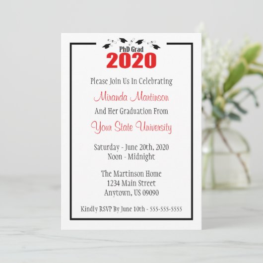 PhD Grad 2020 Abschluss Einladung (Rote Karten) (Stehend Vorderseite)