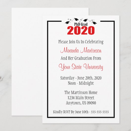 PhD Grad 2020 Abschluss Einladung (Rote Karten) (Vorne/Hinten)