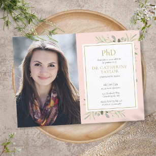PhD Grad Blush Pink Greenery Abschluss Foto Einladung