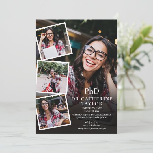 PhD-Grad-Fotocollage-Graduationspartei Einladung (Stehend Vorderseite)