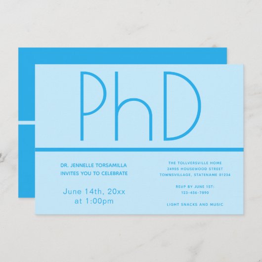 PhD Grad Light Blue Graduation Party Einladung (Vorne/Hinten)