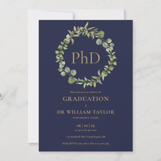 PhD-Graduationspartei für blaue Garland Einladung (Vorderseite)