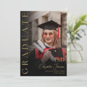 PhD-Graduiertenparty für Schwarz-Gold-Foto Einladung (Stehend Vorderseite)