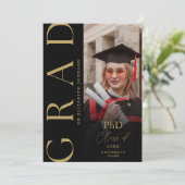 PhD-Graduiertenparty für Schwarz-Gold-Foto Einladung (Stehend Vorderseite)
