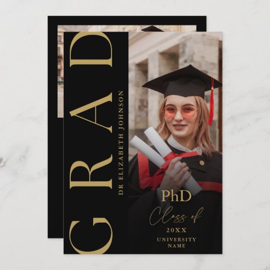 PhD-Graduiertenparty für Schwarz-Gold-Foto Einladung (Vorne/Hinten)