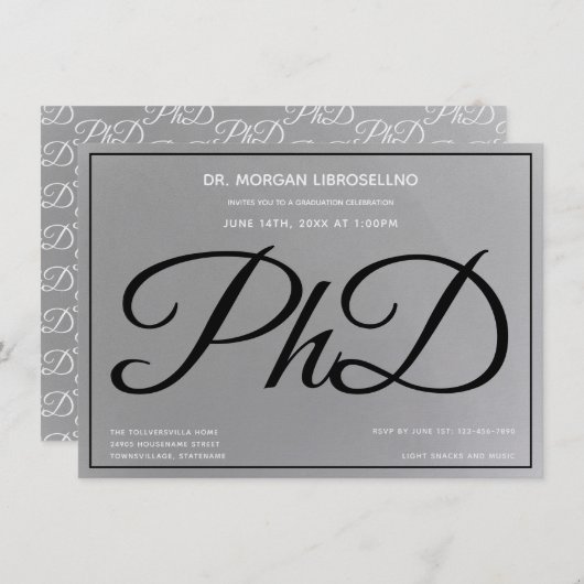 PhD Gray Silver Black Graduation Party Einladung (Vorne/Hinten)