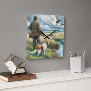 Pheasant Jäger mit Hundebauer Quadratische Wanduhr