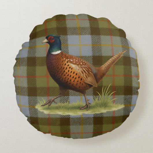 Pheasant on Tartan / Tweed Cushion Home Decor Rundes Kissen (Vorderseite)