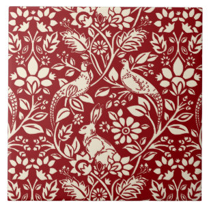 Pheasant und Hare Pattern, Deep Red & Cream Fliese