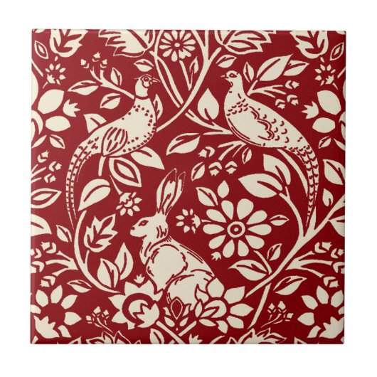 Pheasant und Hare Pattern, Deep Red und Creme Fliese (Vorderseite)