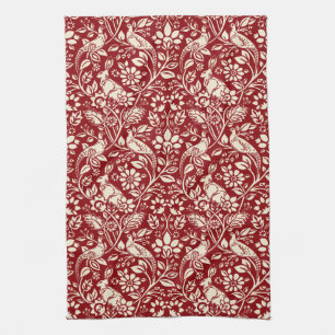 Pheasant und Hare Pattern, Deep Red und Creme  Geschirrtuch