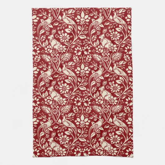Pheasant und Hare Pattern, Deep Red und Creme Geschirrtuch (Vertikal)