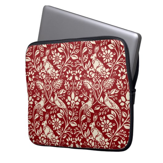 Pheasant und Hare Pattern, Deep Red und Creme Laptopschutzhülle (Vorderseite Links)