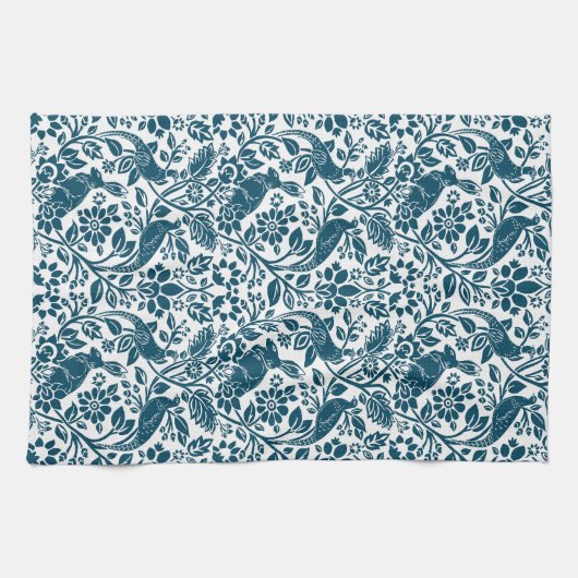 Pheasant und Hare Pattern, Indigo Blau und Weiß Geschirrtuch (Horizontal)