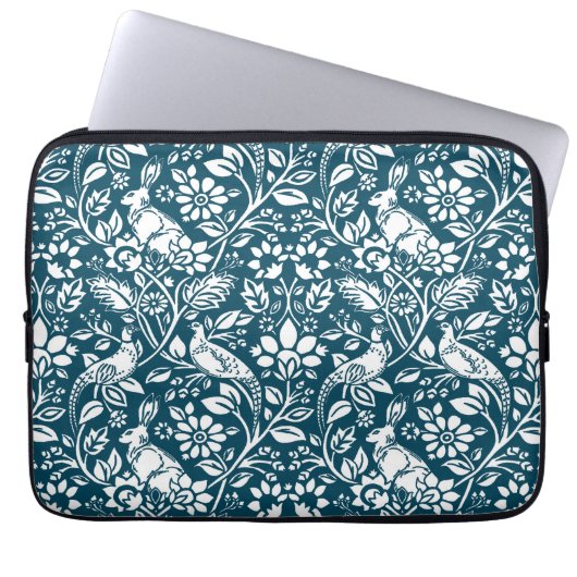 Pheasant und Hare Pattern, Indigo Blau und Weiß Laptopschutzhülle (Vorderseite)