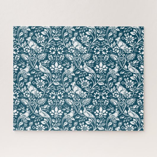 Pheasant und Hare Pattern, Indigo Blau und Weiß Puzzle (Horizontal)