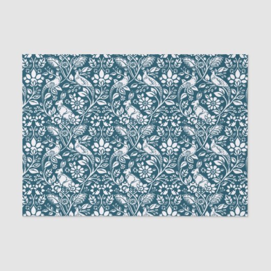 Pheasant und Hare Pattern, Indigo Blau und Weiß Seidenpapier (Vorderseite)