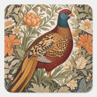 Pheasant Vintage Floral William Morris Inspired  Quadratischer Aufkleber