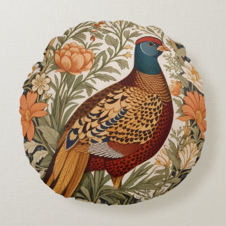 Pheasant Vintage Floral William Morris Inspired  Rundes Kissen