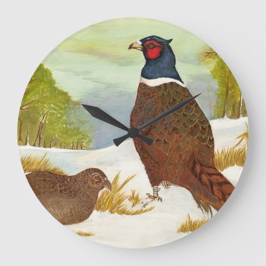 Pheasants in Snow Painting Clock Große Wanduhr (Vorderseite)