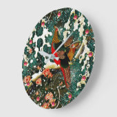 Pheasants in Snow, Pine Tree,Roses,Japanese Floral Große Wanduhr (Winkel)