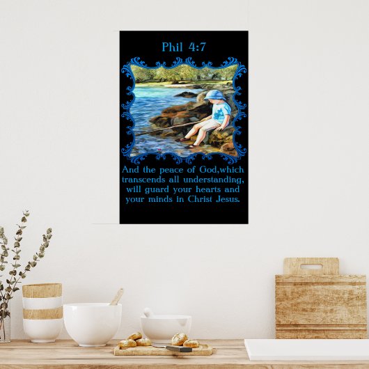 Phil 4:7 Baby Junge fischen im Fluss. Poster (Küche)