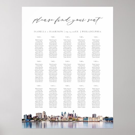 PHILADELPHIA bemalt Skyline Hochzeitstabelle Poster
