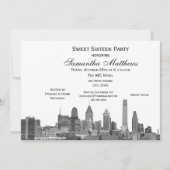 Philadelphia Black Etched Look Skyline Sweet 16 Einladung (Vorderseite)