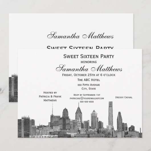 Philadelphia Black Etched Look Skyline Sweet 16 Einladung (Vorne/Hinten)
