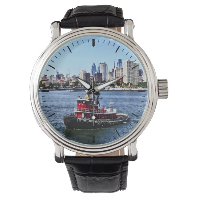 Philadelphia PA - Tugboat von Philadelphia Skyline Armbanduhr (Vorderseite)