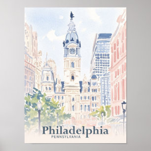 Philadelphia Pennsylvania USA Watercolor Travel Poster